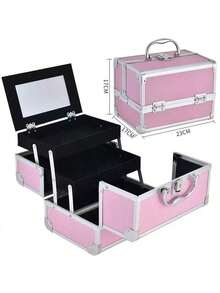1pc Aluminum Alloy Makeup Case, Portable Makeup Artist Vanity Box With Mirror, Large Capacity Multi-Layer Tool Storage Box