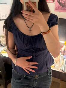 Women Lace Trim Y2k Coquette Shirt Cap Sleeve Button Down Slim Fit Fairy Crop Top For Teen Girls - 藏蓝色 - 查看 7
