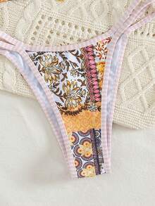 New Vintage Floral Paisley Print White Trim Pink Bikini Set - Tie-Up Bikini Top With Elegant Sunflower Gold Pendant Center Metal Decor, Paired With Sexy Side Tie Slim-Fit Swim Bottoms, Effortlessly Create Summer Beach Vibe And Vacation Chic Look. Suitable For Valentine's Day, Easter, Honeymoon - Multicolor - View 8