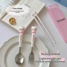 3pcs Stainless Steel Cutlery Set (Knife, Fork, Chopsticks) With Storage Box, Featuring Cute Kuromi, My Melody And Cinnamon Roll Designs By Sanrio Hello Kitty. Suitable For Family Dining, Picnics, School Supplies, Lunch Box Accessories, Office Supplies. Includes Chopsticks, Spoon And Fork. Perfect Gift (Official Licensed Product). Adorable Cartoon Stainless Steel Portable Cutlery Set, Suitable For Children, Students And Outdoor Travel.