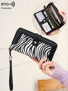 CHARM INFINITE RFID 防盗复古风女士多功能大容量卡包，可装信用卡/身份证/硬币/现金/收据，女士拉链按扣拼接手拿包，生日/周年纪念礼物，奶牛纹钱包，女士长款钱包，带腕带 - 彩色 - 查看 10