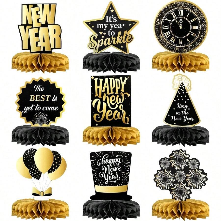 Huge New Years Centerpieces For Tables - Pack Of 9 New Year Table Decorations 2026 Happy New Years Decorations 2026 New Year Eve Party Supplies 2026 NYE Decorations 2026 For Table - 黑金 - 查看 1