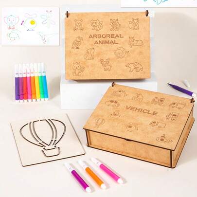 Children's Wooden Painting Templates, Wooden Box Packaging, Hollow Out Painting Tools For Beginners, Graffiti Toys, Painting Templates, Wooden Box Packaging, Painting Tool Sets, Wooden Hollow Out Painting Boards, Children's Boys And Girls' Puzzle DIY Painting Auxiliary Tools, Toy Wooden Box Packaging With Brushes, Wooden Box Packaging, Storage, Gifts