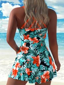 Bộ đồ bơi Tankini họa tiết hoa 2 món dành cho nữ, áo bandeau che phủ toàn bộ và quần hipster, phong cách Hawaii cho kỳ nghỉ biển giản dị, thanh lịch và dễ thương - trái cam - Xem 3