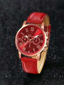 Set de 3 relojes de cuarzo con correa de piel de PU para mujer, con esfera de números romanos minimalista y elegante, accesorio de joyería adecuado para uso diario y ocasiones formales, también como decoración navideña o regalo de San Valentín (sin incluir caja de reloj) - Oro rosa - Ver 3
