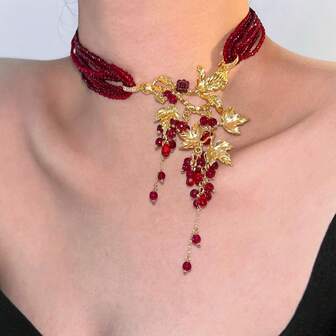 1 pieza Collar gargantilla con múltiples capas de cuentas y borlas rojas, joyería de moda para mujer, para usar en fiestas