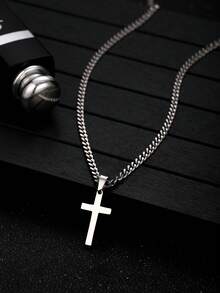 1pc Classic Silver Stainless Steel Cross Pendant Necklace, Party Decoration Accessory, Children's Jewelry Accessory, Religious Accessory - Silver - View 2