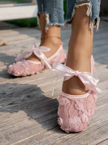 Zapatos planos de mujer con decoración de lazo en punta cuadrada, zapatos casuales de punto, talla grande, zapatos de ballet cómodos, mocasines transpirables de verano tipo slip-on, zapatos casuales versátiles, estilo bohemio, negro/blanco/rosa, primavera/otoño, zapatos de malla transpirables para caminar, zapatos holgados de unicolor