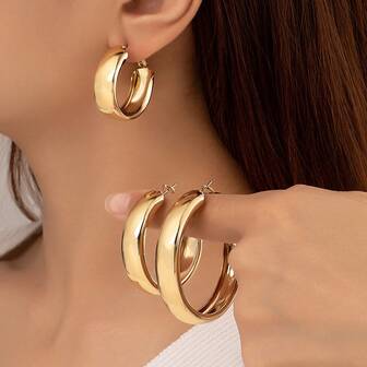 2-6pcs Elegant Minimalist Gold-Plated Metal Wide C-Shaped Hoop Earrings, Suitable For Women's Daily Wear, Festivals, Parties, Birthday Gifts