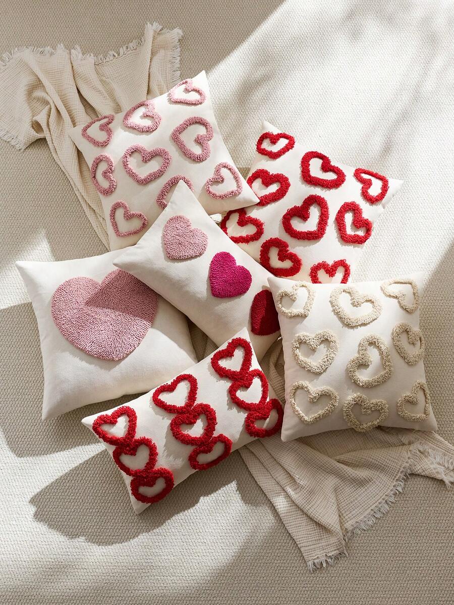 1 Stück Valentinstag Rot Herz Kissenbezüge 18x18 Inch Herzen Stickerei dekorative Zierkissen Landhausstil Valentinstag Outdoor Kissenbezüge für Sofa Couch Zuhause Valentinstag Geschenke (OHNE FÜLLUNG) - Rot - Übersicht 1