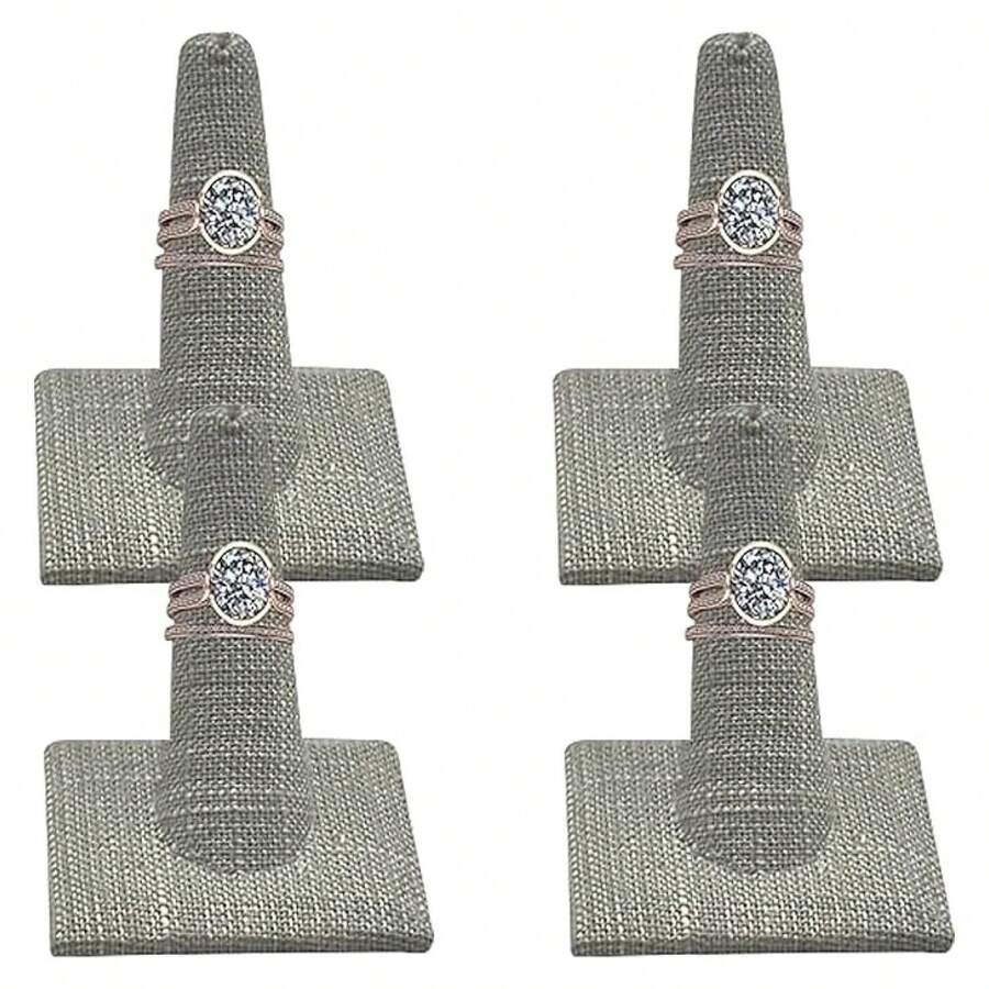 Caja de 4 unidades, soporte de exhibición de anillos de lino gris de 2.12x2.12x2.37 pulgadas con base cuadrada - Organizador de soporte para anillos para o uso personal - Soportes de exhibición para anillos - Multicolor 789 - Ver 1