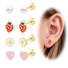 DAILI 14k Gold Plated Stud Earrings For Women, Hypoallergenic Stud Earrings Flatback Screw Back Earrings Cute Small Pearl Flower Pink Heart Strawberry 316L Stainless Steel Stud Earrings Set 4Pairs Best Gift - Cute Earring Set - D - View 7