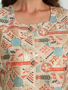 优雅刺绣串珠无袖长袍，彩色亮片刺绣，流苏腰带，充满斋月氛围，2026新款春季柔软长袍 - 杏色 - 查看 3