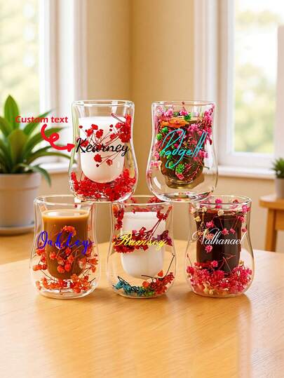 1pc Customized Logo Dried Flower Double-Layer Glass Cup, Oval Design Home Coffee Mug, Creative Souvenir Gift Cup, Handmade