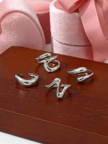 4pcs Vintage Asymmetrical Open Ring Set, Women's Creative Geometric Knuckle Rings, Couple Jewelry Accessories - Silver - View 4