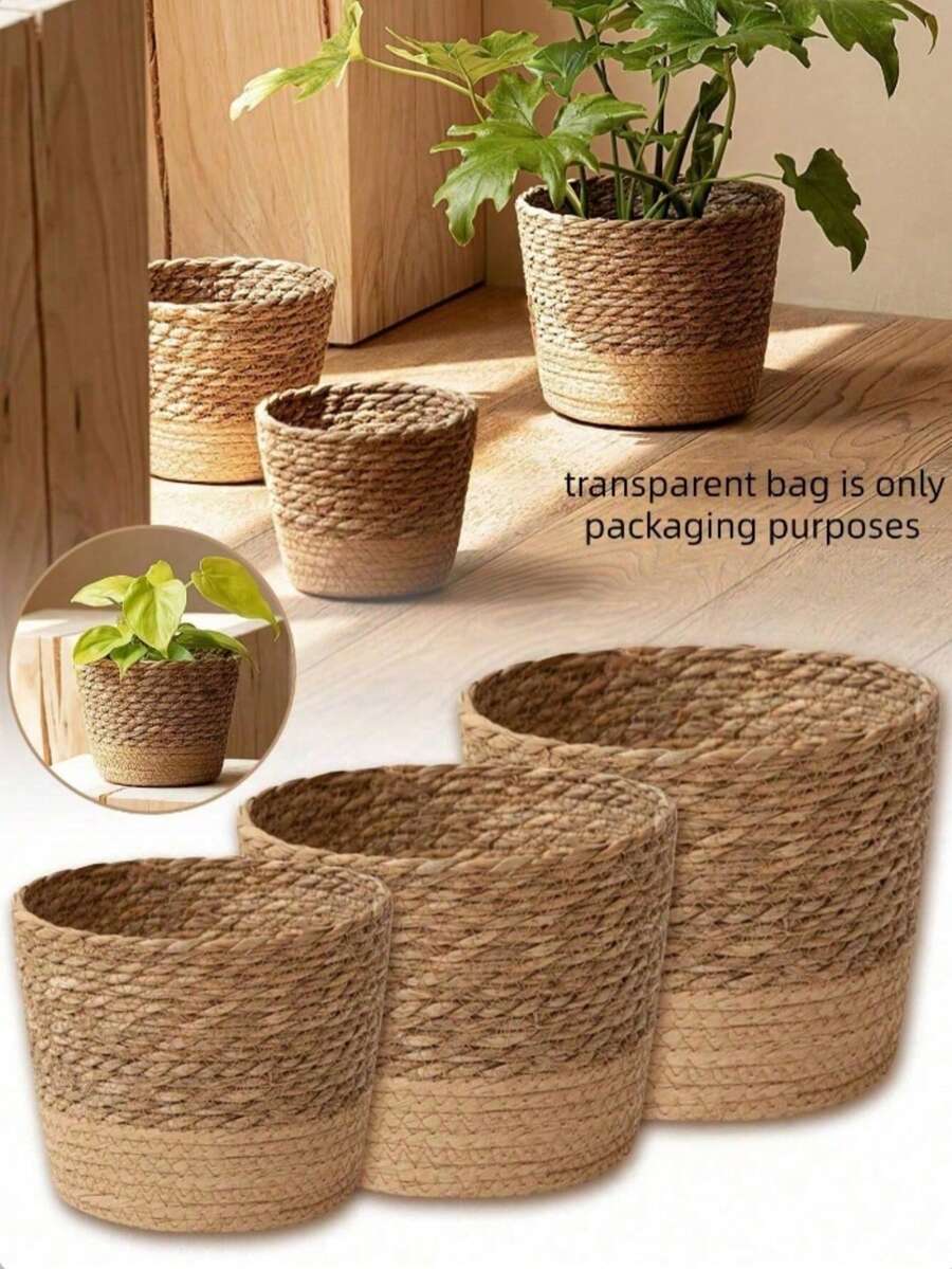 1/2/3Pcs Handwoven Straw Planter Basket, Indoor Woven Flower Pot, Indoor & Outdoor Garden Decoration, Seagrass Flower Pot Planter Basket Set,Natural Seagrass Woven Planter Pot, Rattan Plant Pot, Home Decor Flower Basket, Multi-Function Garden Planter Basket,Home Decoration - Multicolor - View 1