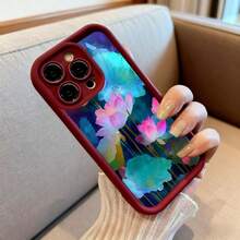 Cubierta de telefono con borde negro y diseño de flores de loto en tonos rosados y turquesa para iPhone 14 Pro Max estilo elegante para uso diario y regalo - Café integral - Ver 6