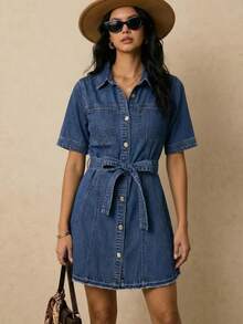 Casual Denim Shirt Dress For Women Short Sleeve Collar Button Front Pockets Belted Short Length Slight Stretch Fabric - Màu xanh lam - Xem 1