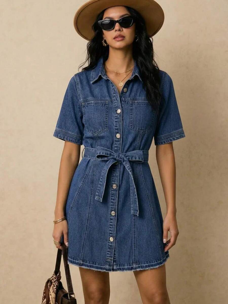 Casual Denim Shirt Dress For Women Short Sleeve Collar Button Front Pockets Belted Short Length Slight Stretch Fabric - Màu xanh lam - Xem 1