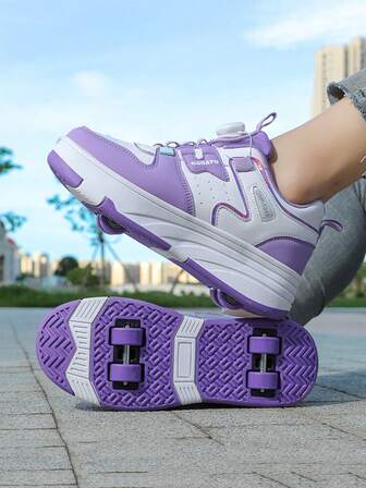 Girls' Four-Wheel Roller Skate Shoes, New Kids Roller Sports Shoes, All-Season PU Leather Lightweight Durable Roller Skates, Fashionable Rotating Buckle Adjustable Double Wheel Hidden Roller Shoes, Wheels Can Be Freely Detached, 2-In-1 Roller Skating & Ice Skating Shoes, Roller Sneakers For Teenagers