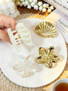 4pcs Acrylic Flower & Shell Hair Clips, Elegant Sophisticated Personalized Bun Clips, Versatile Everyday Wear Hair Accessories, Sweet & Fresh Style Summer Outfits Claw Clips - Multicolor - View 2