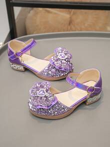 1双女童紫色派对鞋，带闪亮蝴蝶结装饰，低跟，可调节鞋带，适合派对、生日和特殊场合。