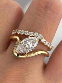 rundraw 1pc 2026 New Geometric Olive-Shaped Zirconia Multi-Layer Full Diamond Elegant Luxurious Copper Gold Women's Ring, Suitable For Dates, Weddings, Engagements, Parties, Anniversaries, Paired With Daily Outfits, Best Gift For Friends, Lovers, Valentine's Day, New Year - Gold - View 8