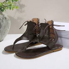 Women's Fashion Flat Thong Lace-Up Back Zipper Low Heel Roman Sandals - Brown - View 3