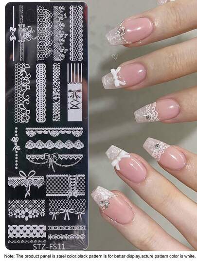 1片蕾丝花朵美甲印花板，浪漫爱心玫瑰蝴蝶结美甲图案，DIY情人节婚礼美甲转印设计，美甲装饰工具，12x4厘米