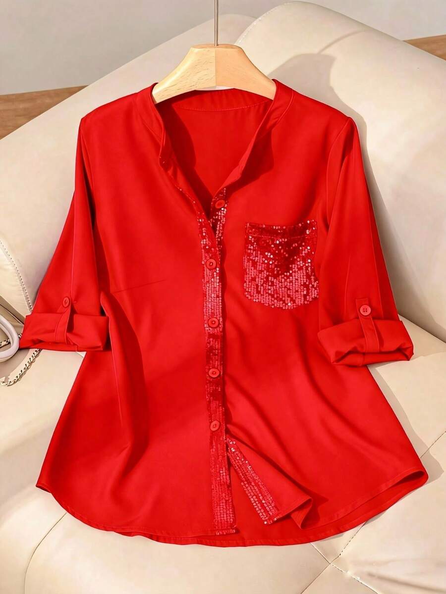 Áo sơ mi dài tay màu đỏ tối giản đính sequin dành cho nữ cỡ lớn, thích hợp mặc hàng ngày, mùa xuân/hè. - Đỏ - Xem 1
