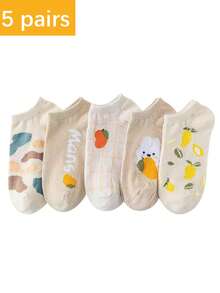 5 par skarpetek do kostki z mieszanki bawełny w kamuflażu, oddychające, słodkie, krótkie skarpetki damskie w stylu japońskim, wiosna/lato - Wielokolorowe - Zobacz 5