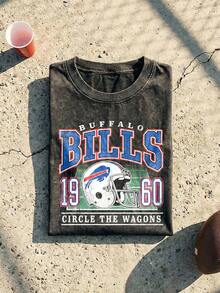 Buffalo Football Helmet Graphic Tee Acid Washed Shirt Unisex Couple Matching Boyfriend Style Retro Game Day 1960 Aesthetic Sports Fan Gear Distressed Cotton Graphic Tees Men Oversized T Shirt Summer Clothes Men Fall Clothes Men Winter Clothes Camisetas Para Hombre - 黑色 - 查看 2