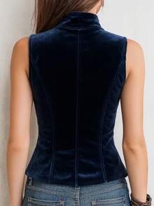 Áo vest không tay cổ vintage dành cho nữ, có cúc trang trí, màu trơn, kiểu dáng thường ngày. - Màu xanh hải quân - Xem 2
