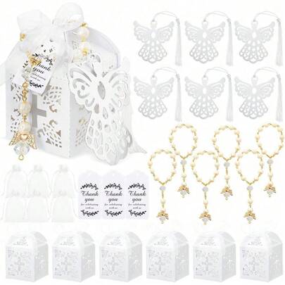 100 Pcs Baptism Favors, 20 Mini Rosary 20 Angel Bookmarks 20 Cross Baptism Party Boxes 20 White Organza Bags 20 Thank You Tags For Baby Shower Christening Communion Party Gift