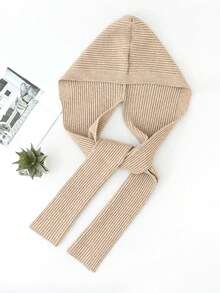 1pc Women Fashion Solid Black/Beige/Gray Striped Textured Pattern Faux Wool Knitted Hooded Scarf/Wrap, Suitable For Autumn/Winter Daily, Outing, Travel For Dress - B (vertical Stripes) - View 9