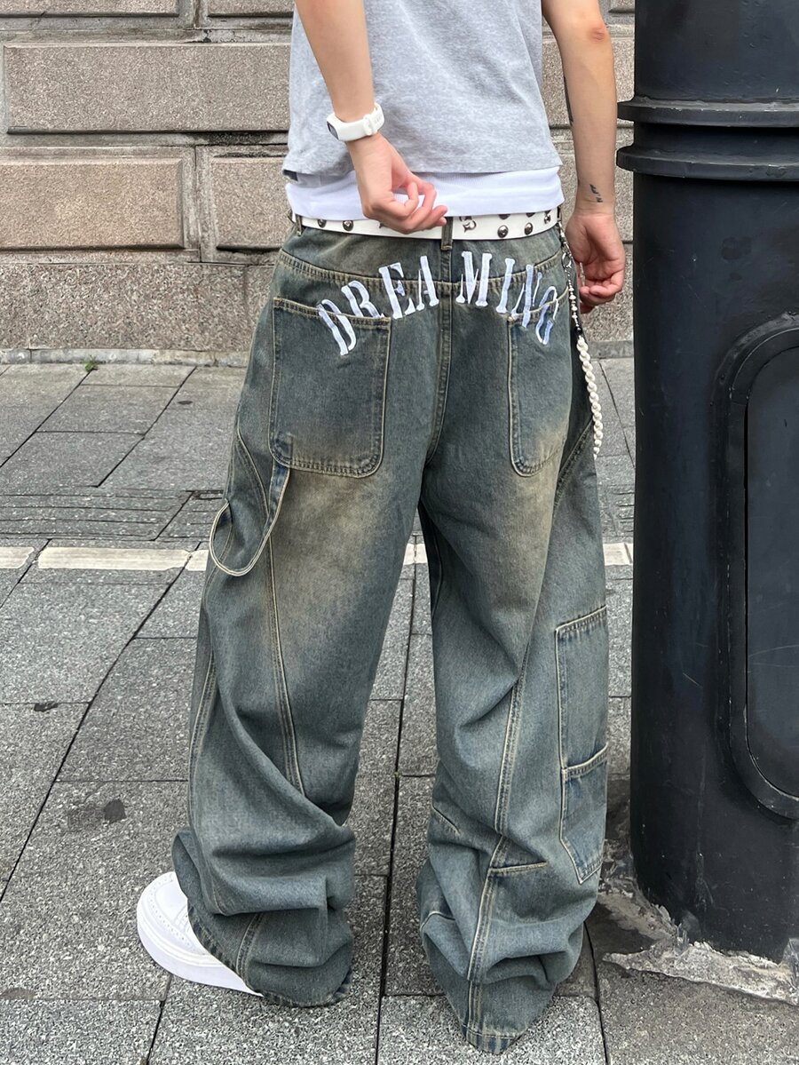 1 buc. Blugi sport pentru bărbați, stil vintage, de nișă, spălați, cu buzunare multiple, croială lejeră, stil casual (curea și accesoriile nu sunt incluse)