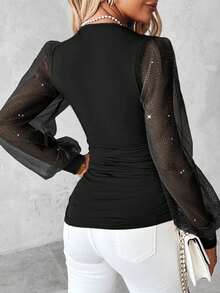 ChicMe 亮片网纱灯笼袖V领褶皱腰部休闲衬衫 - 黑色 - 查看 3