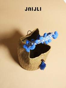 Woven Straw Bucket Bag Women Boho Crossbody Purse Pom Pom Handle Tassel Decor Beach Handbag Casual Summer Travel Shoulder Bag Retro Rattan Bucket Bag Cute Fringe Accent Sling Bag Fashion Vacation Woven Purse Lightweight Daily Use Handbag Popular Bohemian Style Bucket Bag Must-Have Summer Accessory Rattan Crossbody Bag Stylish Beach Purse Woven Tassel Bag Bohemian Bucket Purse - Dark Blue - Xem 6