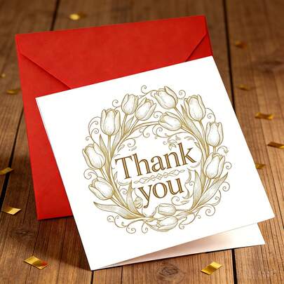 1pc Thank You Greeting Cards With Envelopes Watercolor Tulip Wreath Design, Matching Stickers Included - All-Occasion Note Cards For Parties, Engagements, Weddings, Graduations, Anniversaries & More