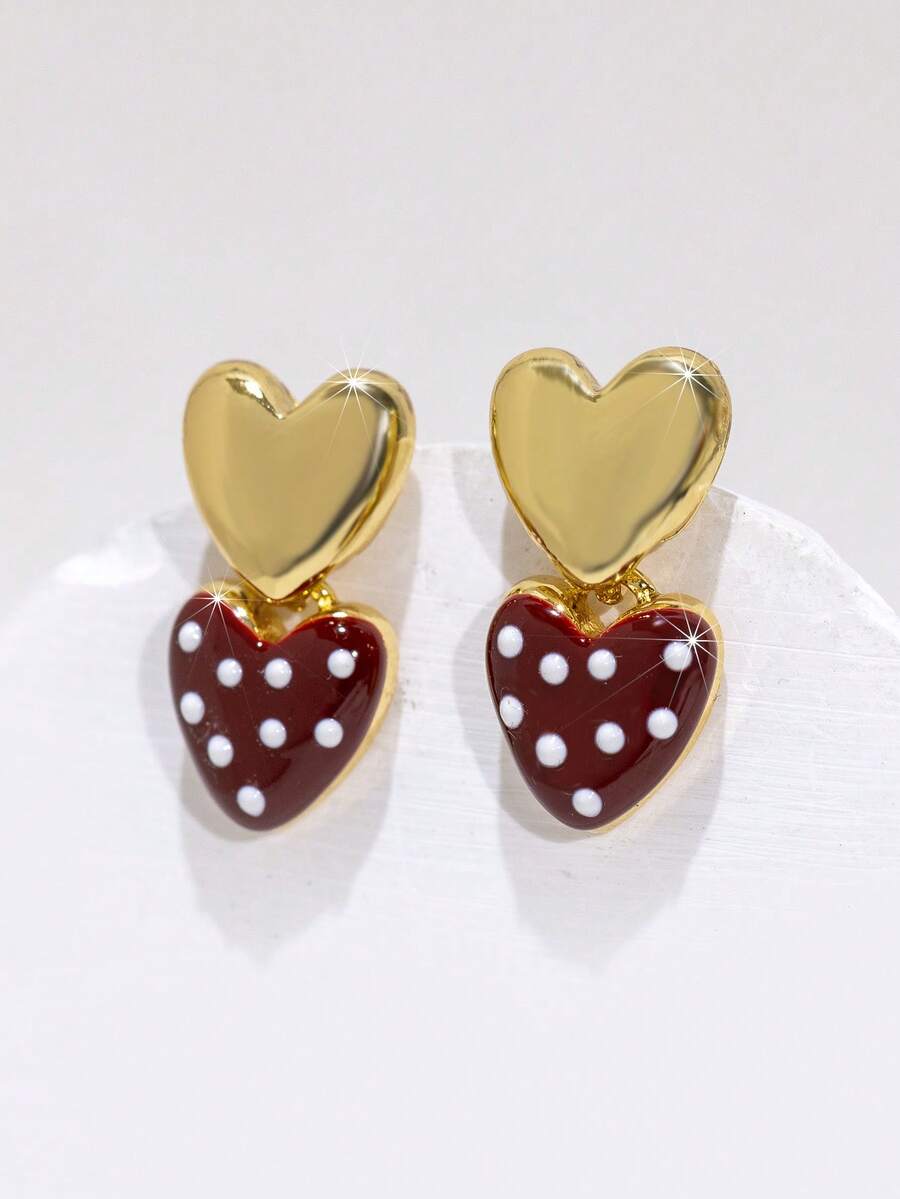 一对时尚、高端、优雅、简约、甜美、百搭的合金珐琅红色心形耳环，适合女性日常佩戴、参加派对、度假，任何季节和场合皆宜，是送给女友或情人节约会的理想礼物。 - 心形1 - 查看 1