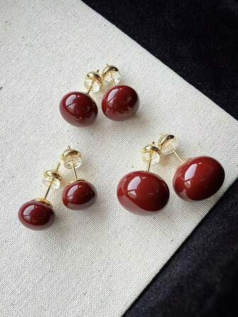 3pcs/Set Retro Minimalist Sweet Delicate Elegant Burgundy Bun Faux Pearl Stud Earrings, Luxurious Elegant Commuting High-End Earring Set, Suitable For Women's Daily And Festival Wear