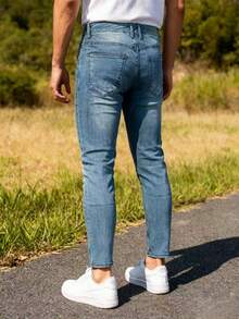 Men's Distressed Denim Jeans | Faded Light Blue Slim Tapered Pants | Ripped Details On Knees And Thighs, Raw Edge Finish | Year-Round Wear, Hand Or Machine Washable | Versatile Everyday Pants For Casual Outfits, Matches With White Tees And Simple Shoes - 霧霾藍 - 查看 2