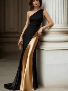 女士优雅单肩黑金撞色晚礼服，婚礼宾客礼服