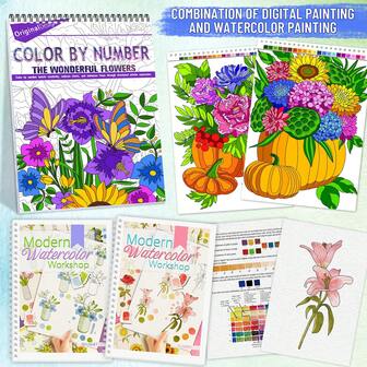 3本水彩练习本套装 - 花卉主题数码水彩速写本，包含分步指南，300克厚纸，适合初学者，轻松有趣的绘画练习，非常适合成人休闲、娱乐和冥想 - 圣诞节、万圣节、情人节、斋月和新年完美礼物