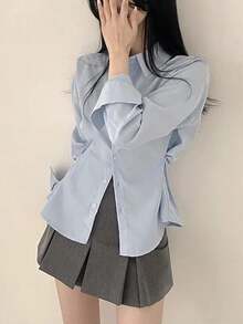 Camisa de mujer Camisa elegante y refinada de estilo coreano que estiliza la cintura, novedad de primavera. Camisa versátil de manga larga y corte holgado con botones. Camisa de manga larga, corte holgado y color liso que estiliza la cintura. Informal. - Azul - Ver 7