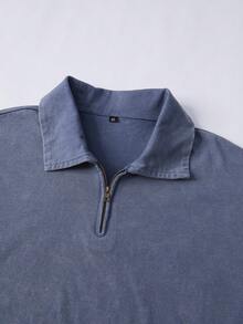 Men's Fashion Washed Denim Blue Half Zip Pullover Short Sleeve T-Shirt, Casual Collared Tee Suitable For Daily Wear And Streetwear - Blue - View 4
