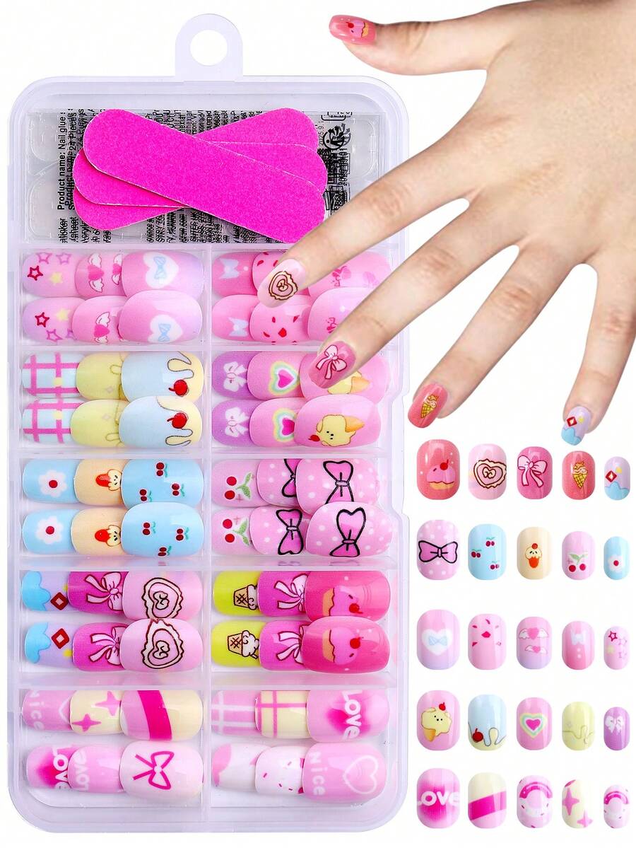NAIO Bộ 120 miếng dán móng tay phong cách Y2K Bad Girl cho trẻ em, chất liệu acrylic, gel phủ sẵn, độ che phủ cao, họa tiết dễ thương, bóng bẩy bao gồm nơ, trái tim, cánh thiên thần, quả anh đào, kem và bánh donut, miếng dán móng tay ngắn hạn, kèm theo 3 miếng gel dẻo và 3 dũa móng tay, lý tưởng cho các bé gái - chủ đề màu hồng đáng yêu. Dụng cụ làm móng - Nhiều màu - Xem 1