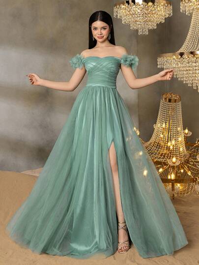 Alisa&Leo 少女薄纱晚礼服 - 露肩交叉褶皱设计，蓬松花卉装饰，系带后背带和薄纱裙摆，适合学校舞会、生日派对和青年正式活动