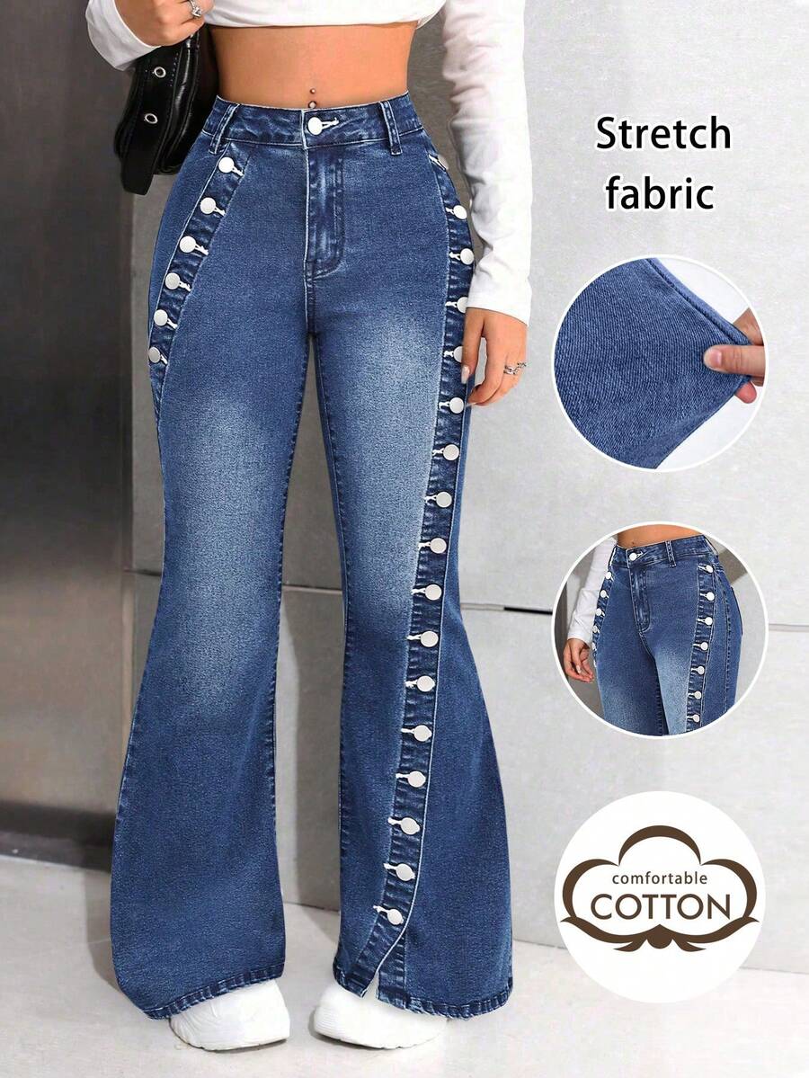Vintage Fashionable Elegant Gentle Exquisite Design Button Fly Split Hem Women's Denim Jeans, Suitable For Casual, Commute, Travel, Date, Party All Year Round Spring