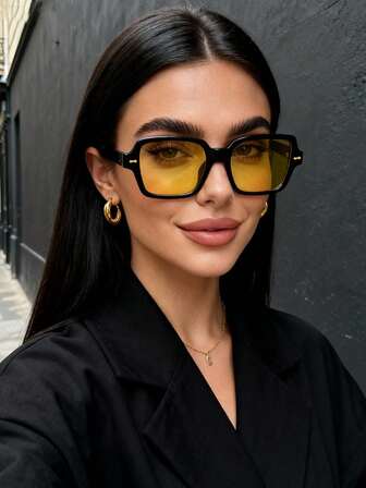 1 pieza Gafas de mujer cuadradas de montura grande y clásica, accesorio para viajes al aire playa, regalo básico de negocios y ocio para mujer en otoño/invierno, adecuado para usar en vacaciones de verano en la playa y viajes al aire libre